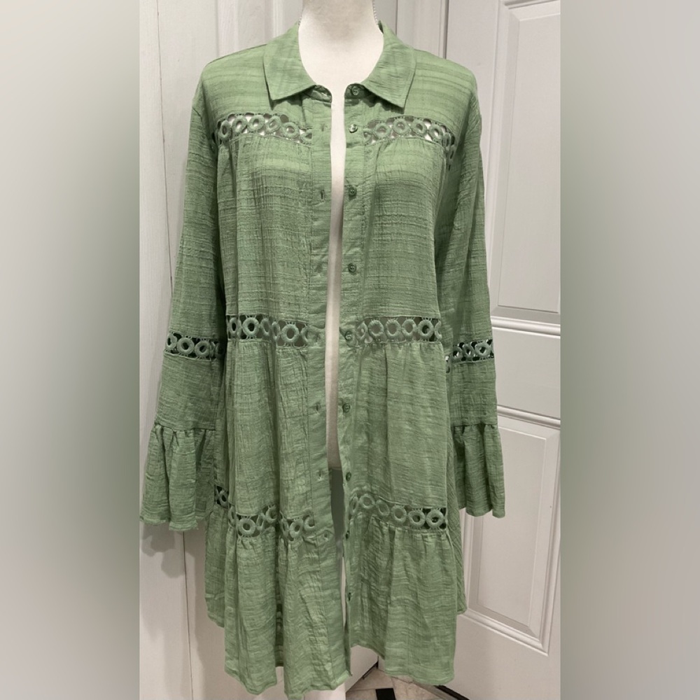 🍏NWT IBIZA Anne Cole Basil Long Sleeve Button Up Crochet Adorned Dress, M